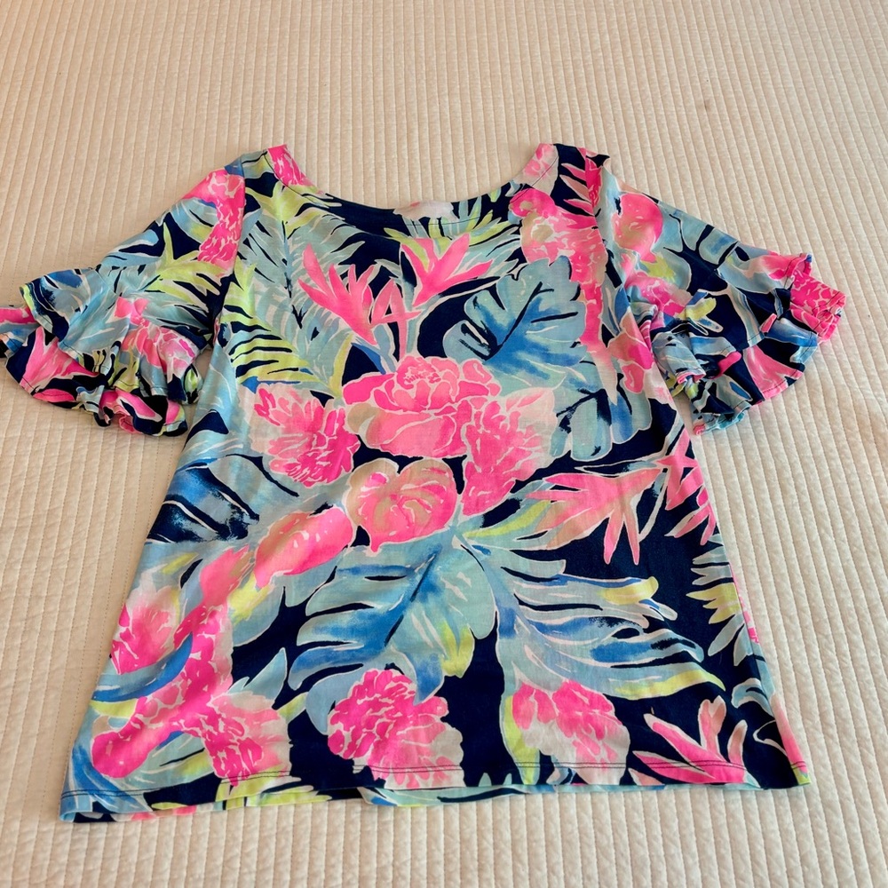 Lilly Pulitzer Pink, Blue & Green Flutter Sleeve Blouse